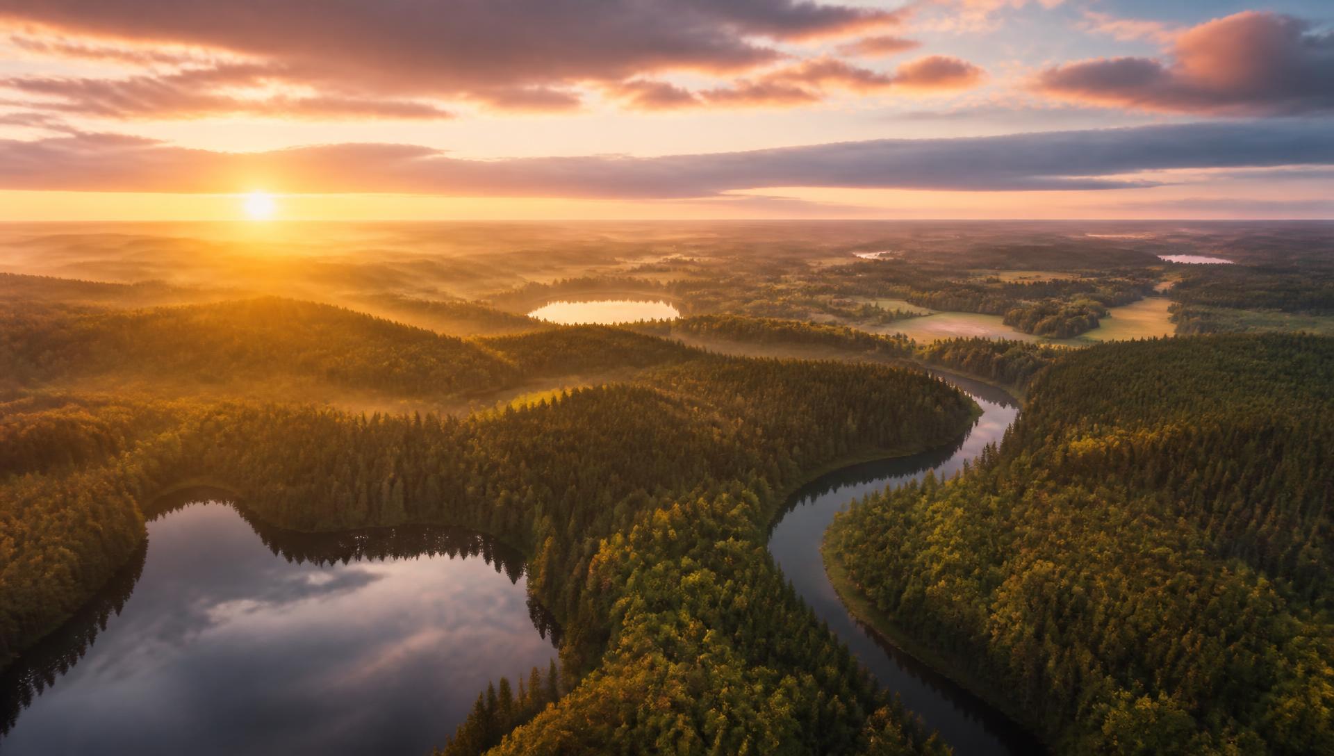 Ilmakuva Keski-Uudenmaan metsistä, järvistä ja peltomaisemasta auringonnousussa